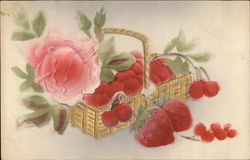 Basket of Strawberries, Cherries and Red Blooms Postcard