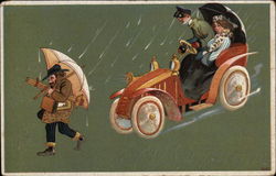 Couple Driving Automobile in the Rain behind Man with Umbrella Postcard