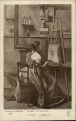 "The Workshop" - Girl in Art Studio with Painting & Stringed Instrument Women Postcard Postcard