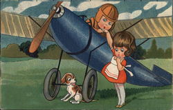 Blue Airplane with Couple and Puppy Couples Postcard Postcard