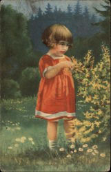 Little Girl in Red Dress Among the Flowers Postcard