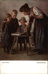 "Reading Exercise" - Woman with Open Book & Children Postcard Postcard