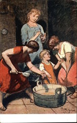 Three Girls and a Child beside Tub with Ladel Postcard