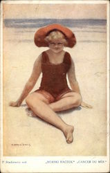 Girl on Beach in Red Swimsuit and Hat Girls Postcard Postcard