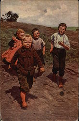 "Village Children" - Running Barefoot in the Field Postcard