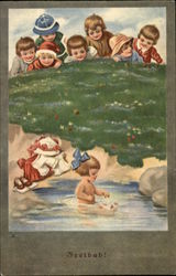 "Outdoor Pool" - Children Watching Little Girl Bathe Postcard