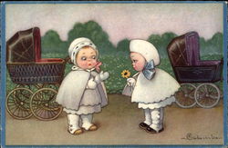 Two Little Girls with Baby Carriages Postcard Postcard