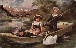 Scenic View with Children in Boat and White Swan on the Water Postcard