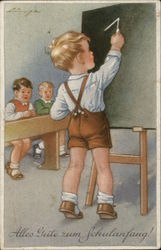 Boy Writing on Chalkboard in School Room Boys Postcard Postcard