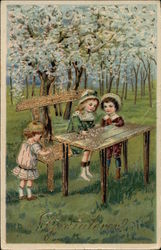 Children Playing at Bench & Table under Blooming Trees Postcard