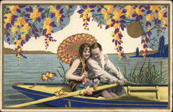 Couple in Row Boat Embracing under a Japenese Umbrella Couples Postcard Postcard