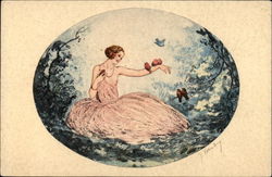 Woman in Pink Sitting in the Woods with Birds Postcard