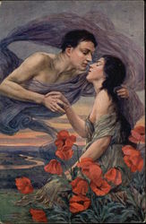 Woman & Male Spirit Embracing Among Red Flowers Postcard