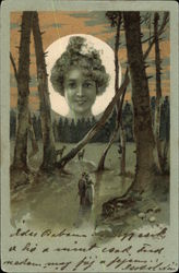 "Woman in the Moon" above Couple Embracing in the Forest Couples Postcard Postcard