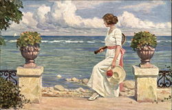 "Expectant" - Woman Waiting with Tennis Racquet Women Postcard Postcard