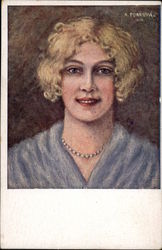 Portrait of Blonde Woman in Blue with Pearl Necklace Postcard