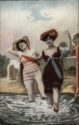 Two Women in Vintage Swimwear and Sunbonnets Postcard Postcard