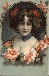 Portrait of Buxom Brunette Woman with Coral Flowers in her Hair Postcard