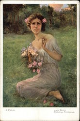 Young Woman Sitting in Meadow with Flowers in Arms and Hair Postcard