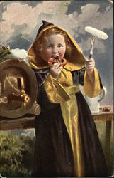 Blond Boy wearing Gold & Black Robes eating a Pretzel and Beer Boys Postcard Postcard