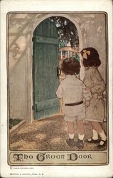 "The Green Door" with Children Peeking In Postcard