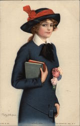 "School Days" - Young Woman in Blue Carrying Books Women Postcard Postcard