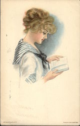 "American Girl" - Dressed in Sailor Top Reading a Book Postcard