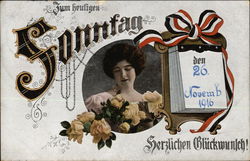 Sunday, November 26, 1916 - Brunette Woman with Yellow Roses Calendars Postcard Postcard