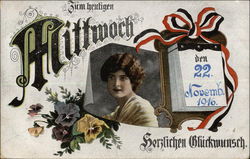 Wednesday, November 22, 1916 with Brunette Woman & Pansies Postcard