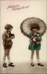 "Hearty Congratulations" - Two Girls with Camera, Flowers, and Umbrella Postcard