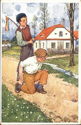 "Happy Easter" with Boys playing Marbles With Children Postcard Postcard