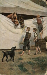 Boys Feeding Horses as the Dog Looks On Postcard