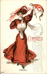 "Cornell" - Woman in Vintage Red Ensemble Waving Penant College Girls Postcard Postcard