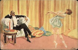 Ballerina Dancing for Man in Arm Chair Postcard