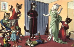 Cats Wearing Clothing at the Dressmaker's Shop Postcard Postcard