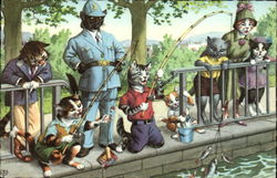 Cats Dressed in Clothing Fishing from a Wall Postcard