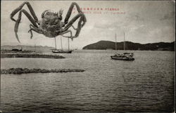 Japanese Waterfront with Large Crab in the sky Exaggeration Postcard Postcard