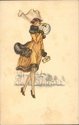 Woman in Yellow Coat Trimmed with Fur Postcard