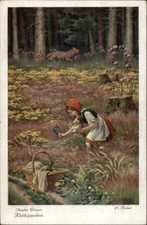 Girl In Field Picking Flowers WIth Tiger In Background Postcard