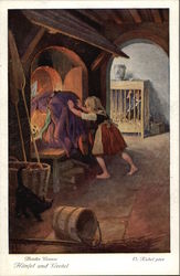 Gretel pushing the Witch in to Fire Fairy Tales Postcard Postcard