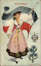 German Girl Holding Flag with Country Crest & Flowers Postcard