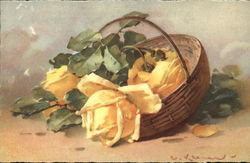 Brown Basket Holding Large Yellow Flowers with Greenery Postcard Postcard