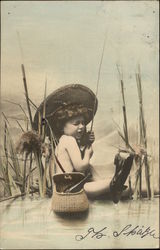 Little Fishing Girl Reeling in a Shoe Postcard