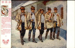 5 Men walking in the Snow Postcard Postcard