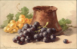 Clay Jar beside Golden and Purple Grape Clusters Postcard