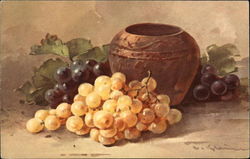 Urn Beside Golden and Purple Grape Clusters Postcard