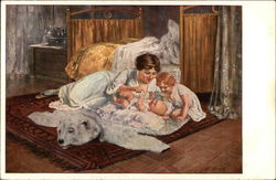 Woman, Child, and Infant on Bearskin Rug Postcard