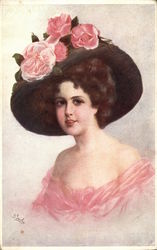 Portrait of Woman in Black Hat with Large Pink Flowers Postcard