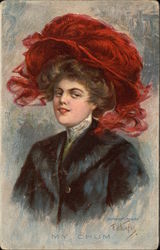 "My Chum" - Woman in Red Plumed Hat Postcard