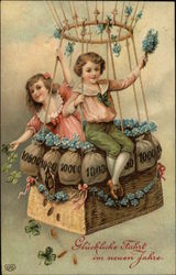 "Good Luck in the New Year" - with Children in Hot Air Balloon Postcard